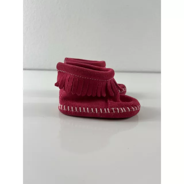 Minnetonka Infant Back Flap Suede Fringe Bootie Moccasins Baby Size 1 Red Pink