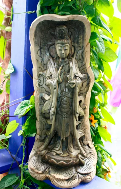 Guanyin Buddhist Goddess Of Compassion sculpture carved wood Statue Bali Art