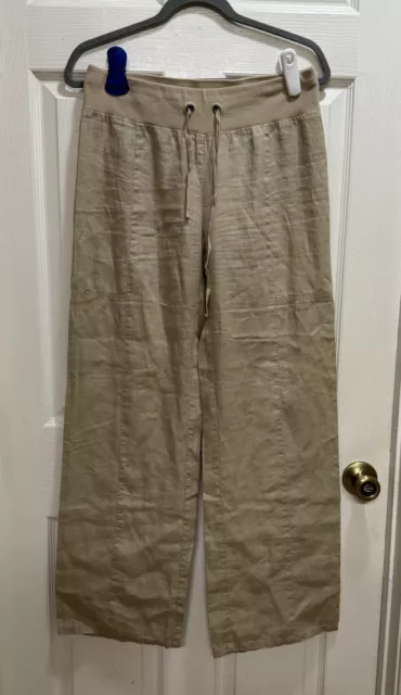 EILEEN FISHER Sz XS 100% Organic Linen Khaki Wide Leg Draw String Pants