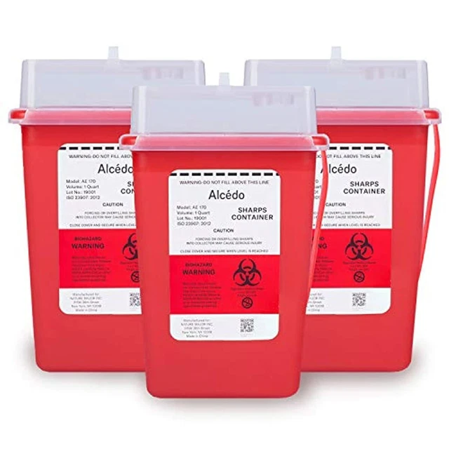 Sharps Container Professional Biohazard Needle/Syringe Disposal 1 Quart 3-Pack