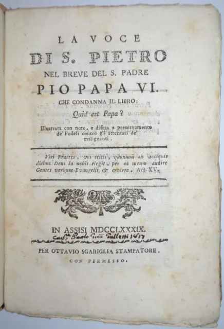 APOLOGETICA PONTIFICIA - ediz. 1789 - voce S. PIETRO - ASSISI - raro - PIO VI