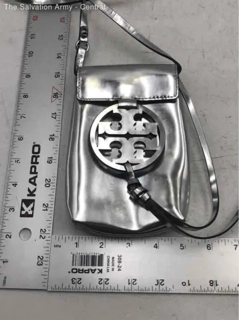 Tory Burch Womens Silver Leather Flap Magnetic Closure Crossbody Bag COA