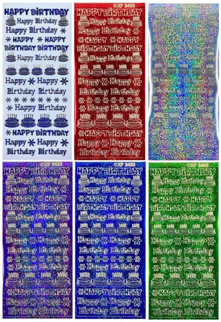 HAPPY BIRTHDAY Peel Off Stickers Shimmer Foil Pink Red Blue Gold Silver Green