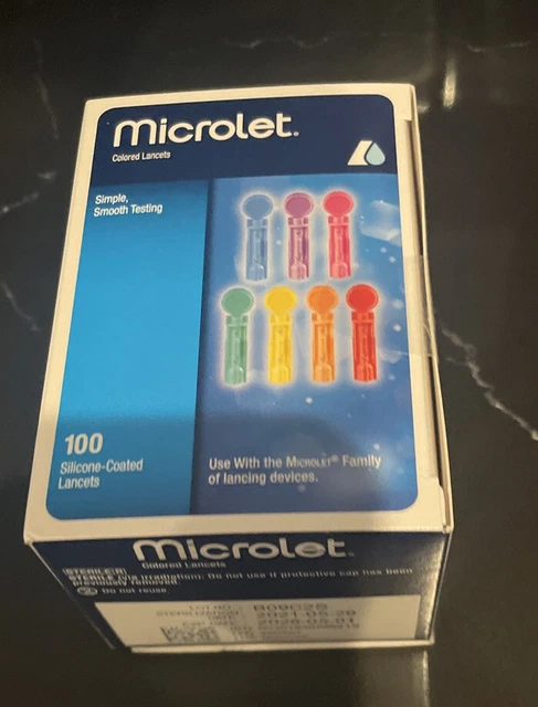1 caja 100 lancetas recubiertas de silicona microlet de color estéril 2027-08-01 :)