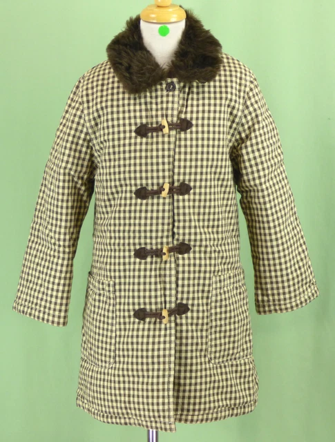 Jean Bourget FRANCE Girl coat brown ivory plaid  gingham faux fur EUC 6