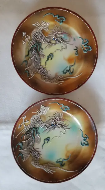 Antique Japanese handpainted TT dragon plates. set of 2. 7.2 in