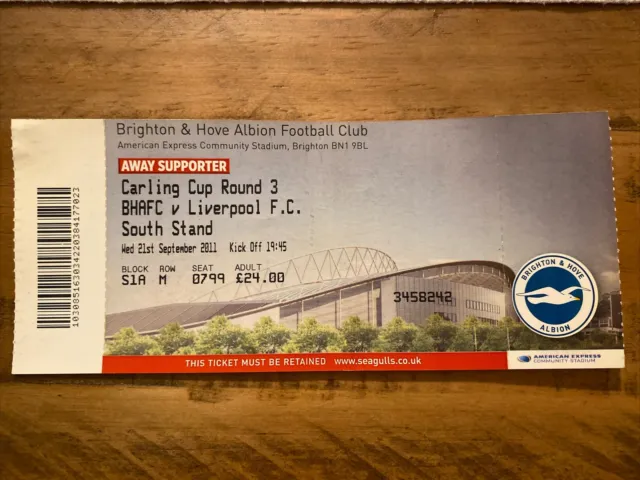 Ticket Stubs Liverpool v Brighton & Hove Albion 21st September 2011