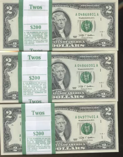 10 New $2 Bills Unc & Sequential Two Dollar Bill 10 Ct. Bep Pack Ten Lot 2003
