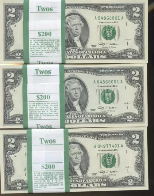 10 New $2 Bills Unc  Sequential Two Dollar Bill 10 Ct. Bep Pack Ten Lot 2003 Min