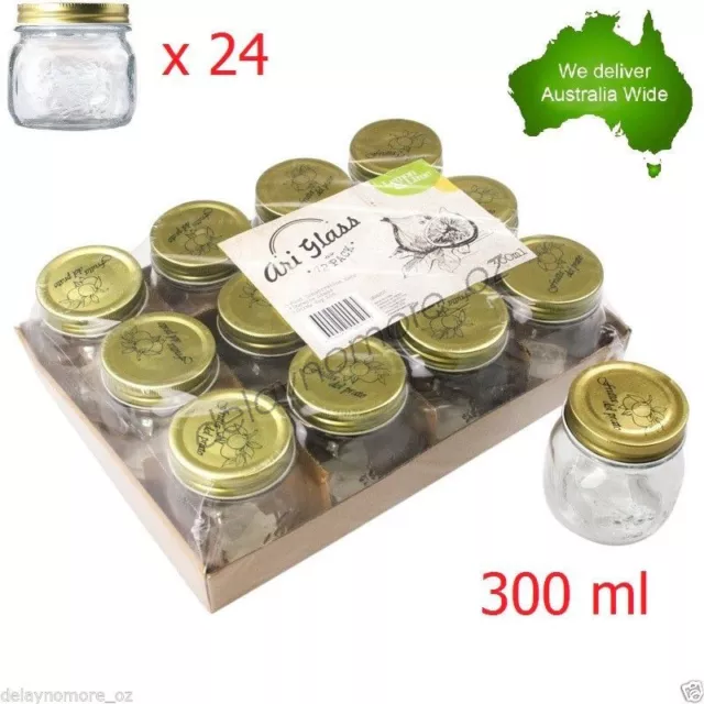 24 Glass Jam Jar Gold Top Lid 300ml Storage Candy Jars Wedding Party Food Kitche