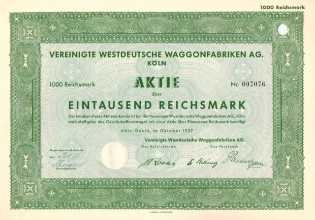 VWW AG - Köln - Vereinigte Westdeutsche Waggonfabriken AG - Aktie - 1937 -