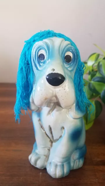 Vintage 50s Blue Dog Coin Bank w/ Stopper Enesco Kitsch Hound Dog W/ Thread Ears