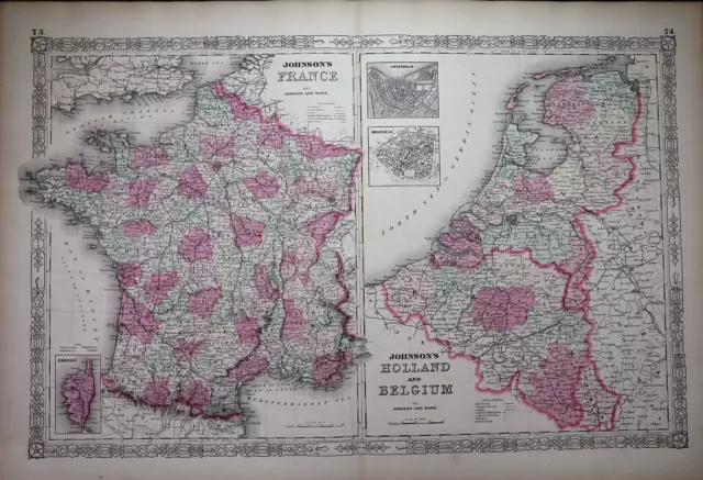 1863 Johnson's Atlas Map ~ FRANCE, HOLLAND, BELGIUM ~ (XL18x28)    #828