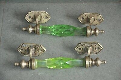 2 Pc Vintage Brass Green Cut Glass Victorian Engraved Door Handles 2