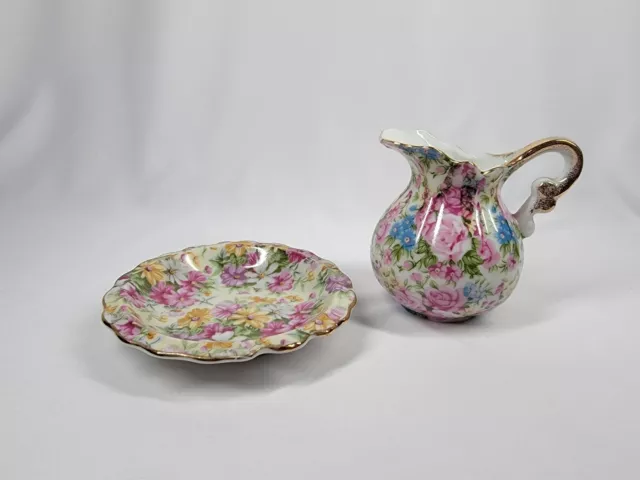 Vintage Miniature Pink Blue Floral Pitcher and Bowl Royal Chintz 2179 Japan