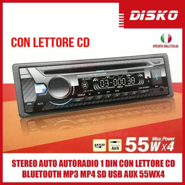Stereo Auto Autoradio 1 Din Con Lettore Cd Bluetooth Mp3 Mp4 Sd Usb Aux 55Wx4