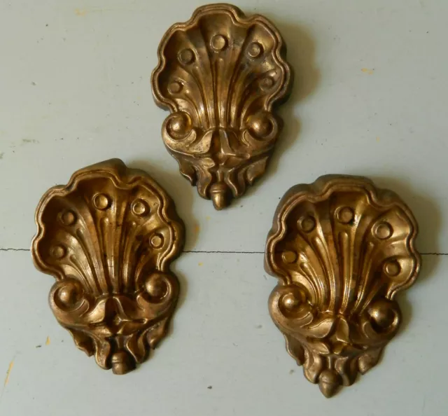 ❀Victorian Lot Of 3 Embossed Decorative Elements Furniture Wall Shell Coquille