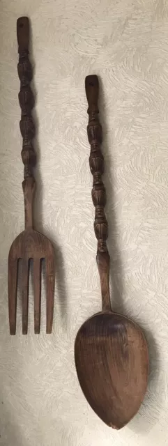 Vintage Greek 40 inch Wooden Fork & Spoon Kitchen Display Hand Carved 1960s