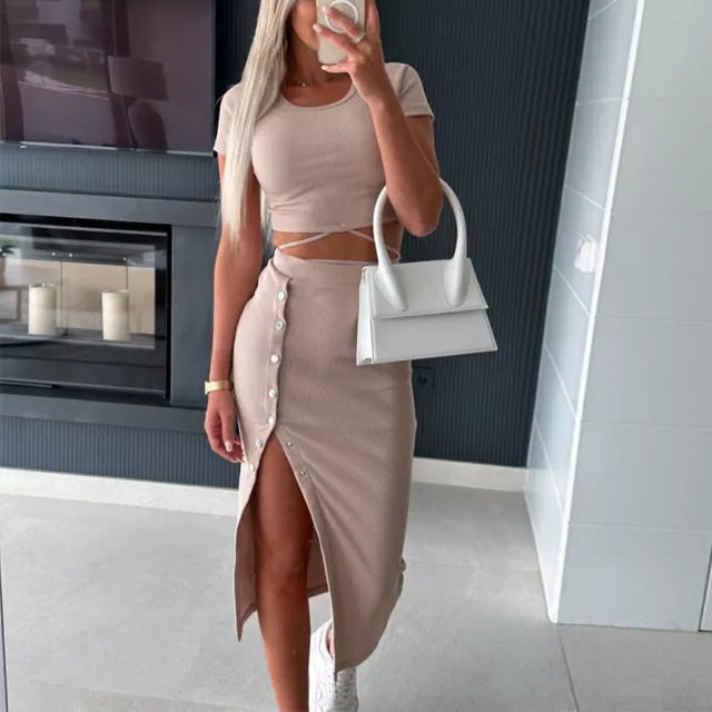 Women Midi Skirt Crop Top Two Piece Set Dress Ladies Party Bodycon Coord Suit