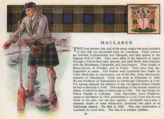 MacLaren. Scotland Scottish clans tartans arms 1957 old vintage print picture