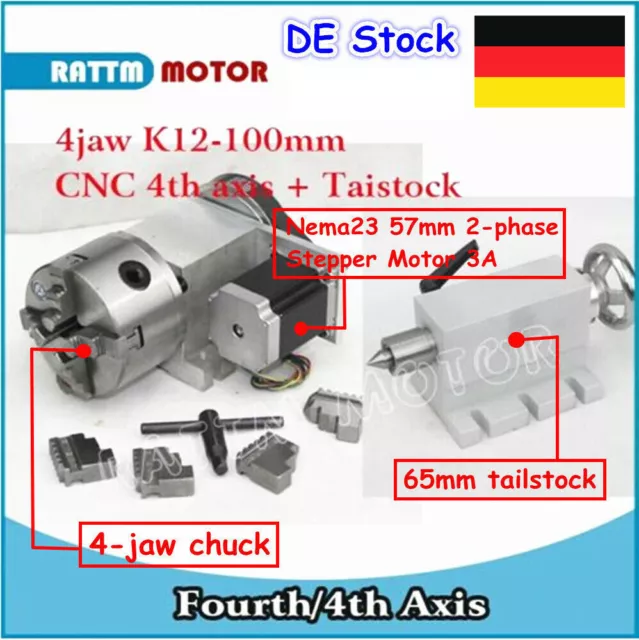 「DE」Rotation 4th Axis 4 jaw chuck 100mm CNC Router A Axis Rotary Table&Tailstock