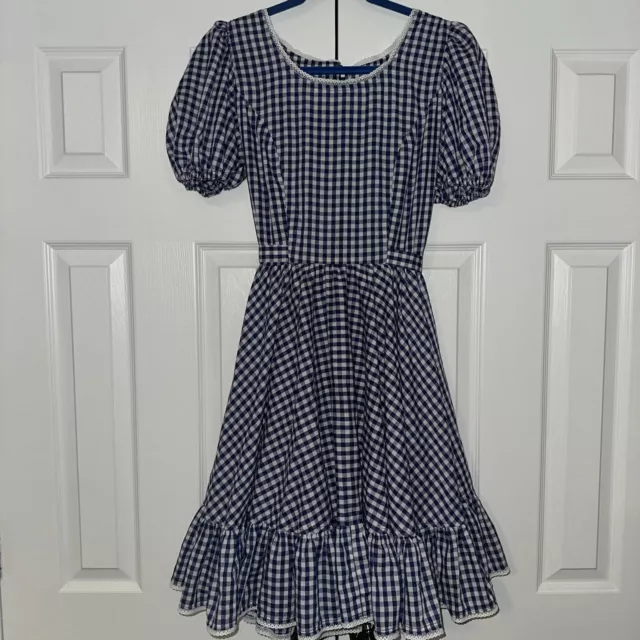 VINTAGE HANDMADE BLUE GINGHAM Tie Waist SQUARE DANCING DRESS Western Pinup