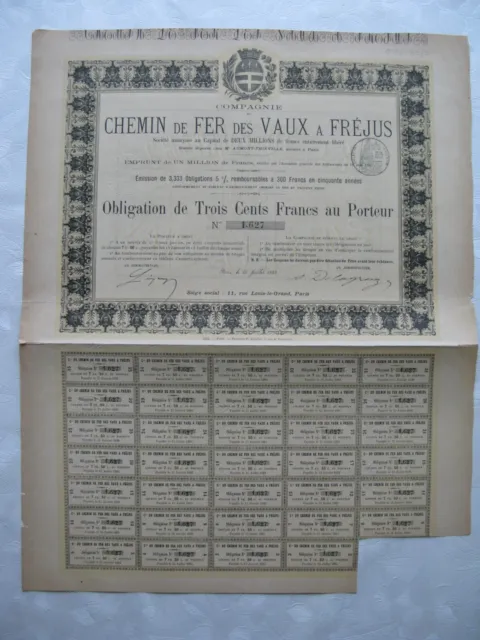 1883 Obligation  Chemin de Fer DES VAUX A FREJUS 300F 5% PARIS