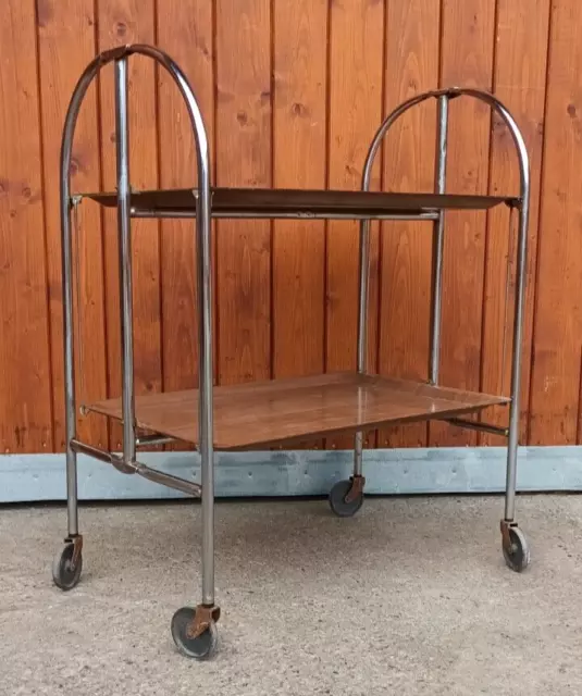 Dinett Carrello di Servizio da Tè Tavolo Tavolino Noce BAR Cromo 70er K1