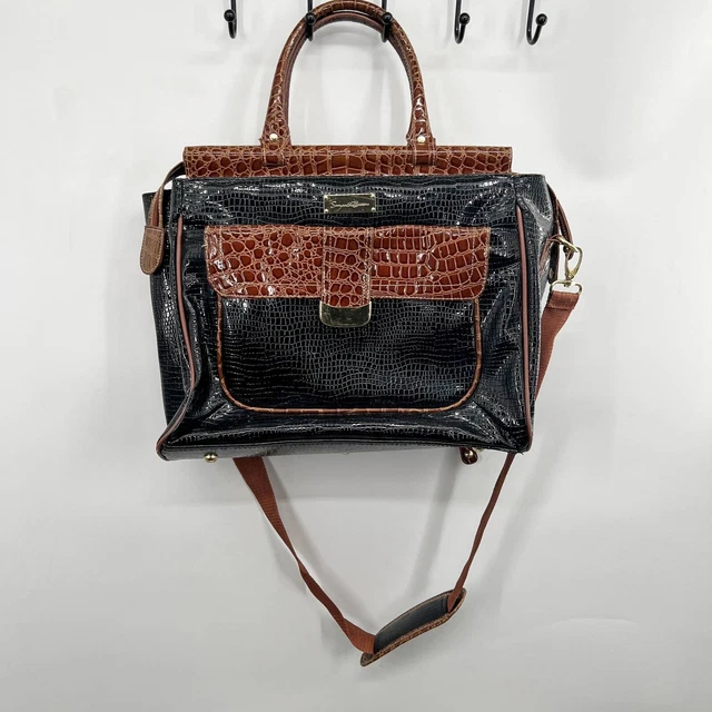 Samantha Brown Womens Messenger Bag Black Brown Faux Croc Dual Handle