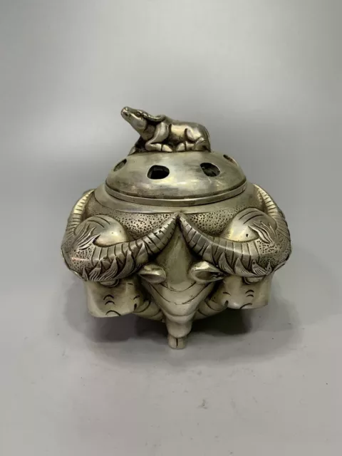 Exquisite Old Chinese tibet silver handmade four Ox cow heads Incense burner 5