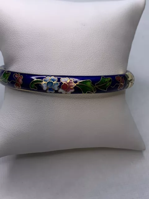 Vintage Floral Enamel Blue CLOISONNE Jewelry hinged, Bangle Bracelet