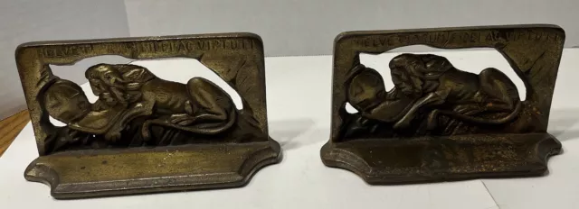 Vintage Pair Of Bronzed Cast Iron Bookends Switzerland's Lion of Lucerne
