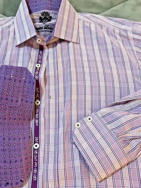 English Laundry Purple Plaid Check Flip Cuffs L/S  Mens Dress Shirt 15.5