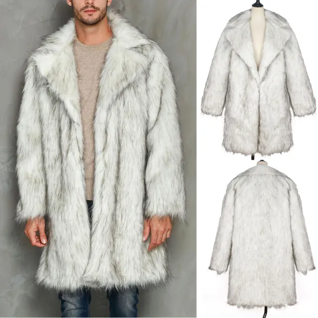 Mens Winter Faux Fox-Fur Coat Turn-Down Collar Long Jacket Warm Over Coat *