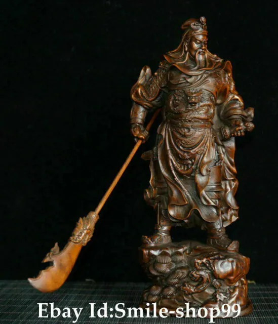 8"China Boxwood Dragon Guan Gong Yu Guangong Yunchang Warrior God  Statue