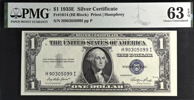 1935E $1 (One Dollar)Silver Certificate Fr#1614(HI Block)PMG 63 EPQ Unc Banknote