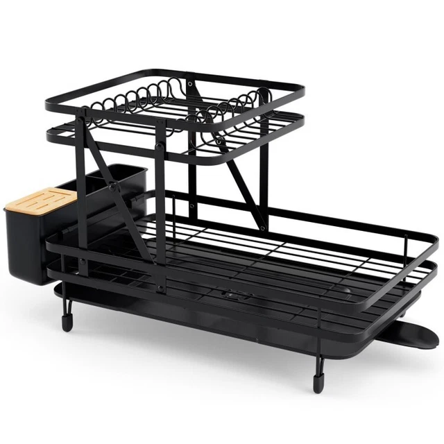 2-Tier Adjustable Collapsible Dish Rack with Removable Drip Tray
