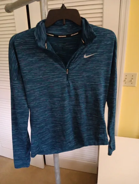 Nike Womens  SMALL Running Dri-Fit 1/4 Zip TEAL STRIPE Jacket Long Sleeve