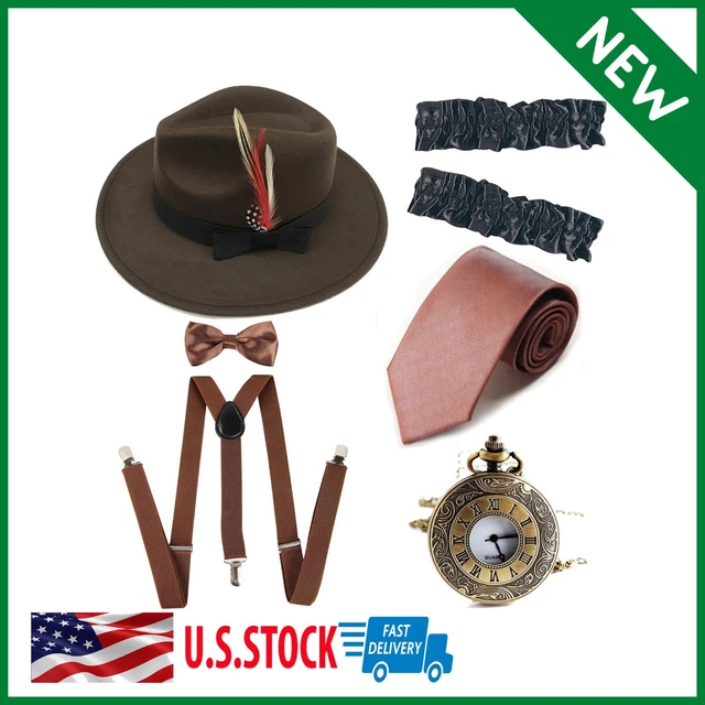 Gangster Costume Fedora Hat Suspenders Tie Bowtie Set Roaring 1920s Accessories
