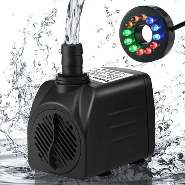 800L/H Submersible Fountain Pump +12 LED Lights Electric Water Feature Pump 15W
