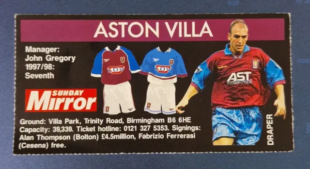 Aston Villa Football Club Avfc 1998-99 Fixture List Villans Epl Premier League