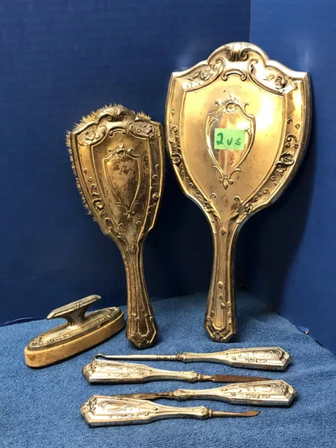 FLOWERS 7 Pc. Silver Plate VICTORIAN Art Nouveau VANITY Dresser SET:Mirror,Brush