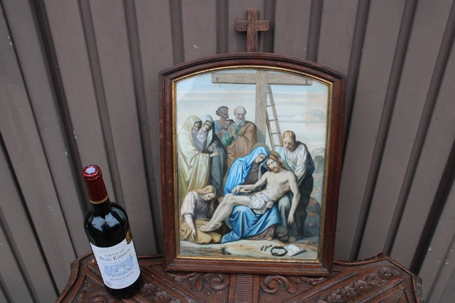 Antique French wood carved panel crucifx PARIS itho Biblical religious jesus 2