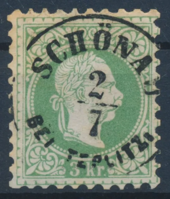 ÖSTERREICH 1867 3kr, grün, schöne Farbe! SCHÖNAU/BEI TEPLITZ (B) Kl:15P!