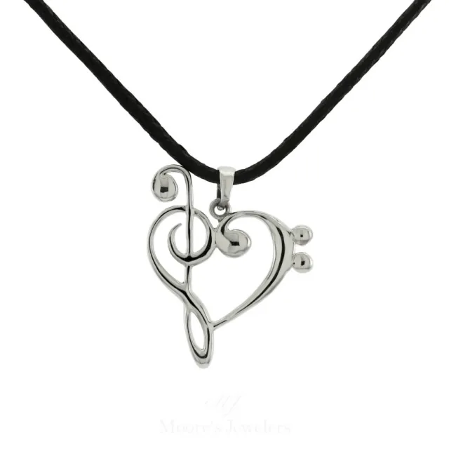 .925 Sterling Silver Treble Bass Clef Heart Necklace (Reversible) W/ Adjustable