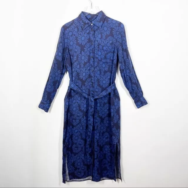 0039 Italy Women’s Size Small Taya Linen Maxi Blue Floral Shirt Dress Tie Belt