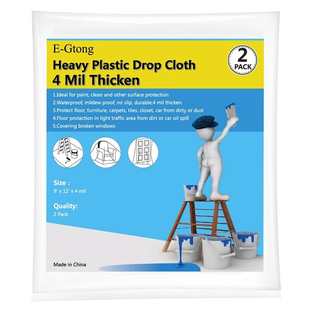 2-Pack 4 Mil Plastic Drop Cloth, 9-Feet by 12-Feet Waterproof Heavy Duty Clear