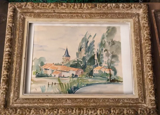 Tableau Aquarelle ancienne Paysage Vauchoux Bourgogne HAUTE SAÔNE