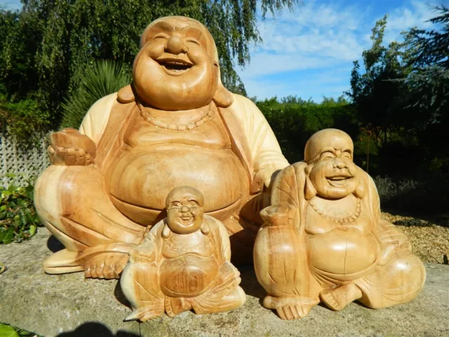 Wooden Sitting Happy Buddha Carvings - Hand Carved Buddhas Assorted Sizes