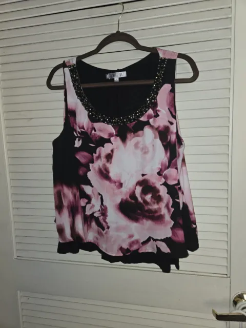 Womans Jennifer lopez floral tank top sleeveless Black & Pink Jewel Neck  Sz L